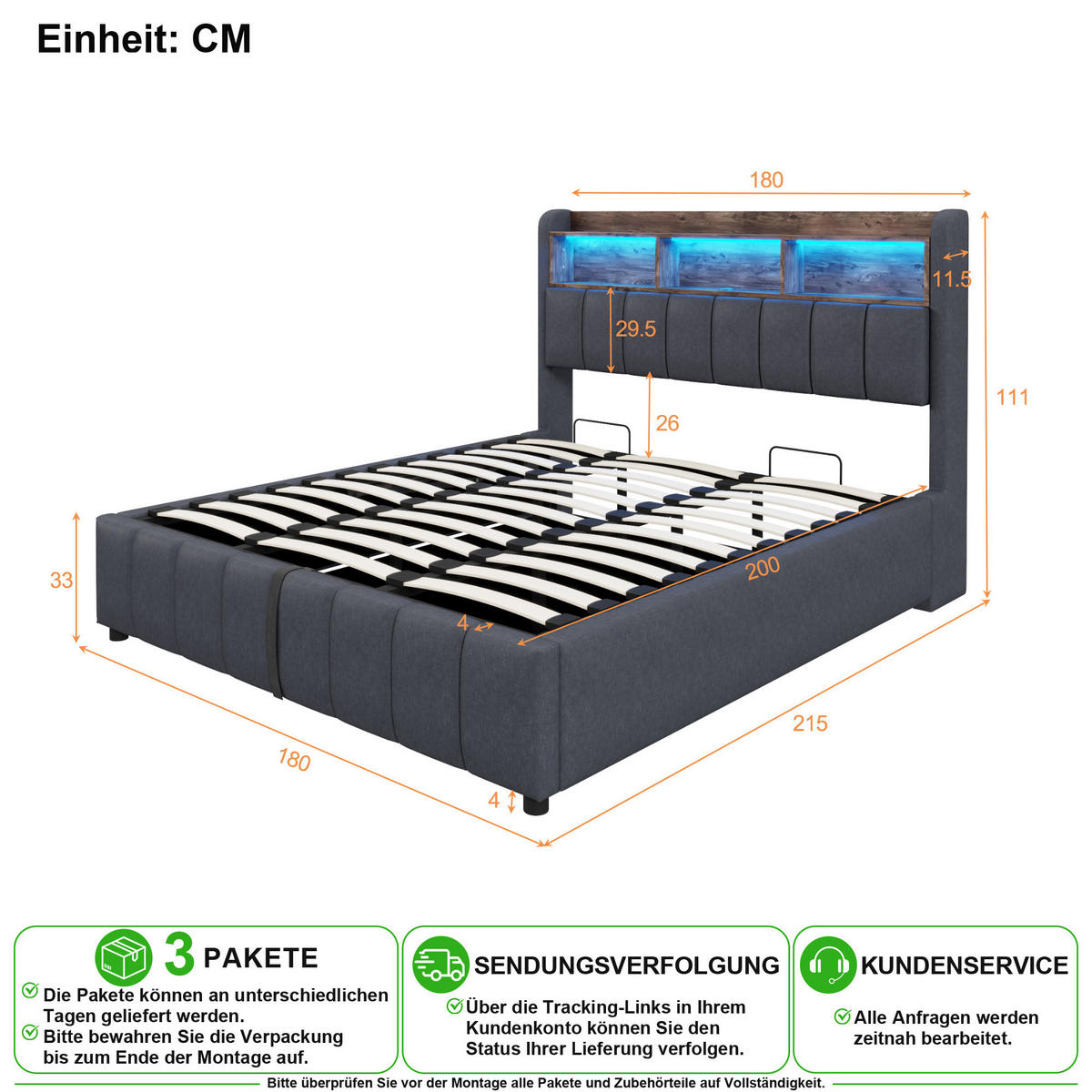 POLSTERBETT 180/200 cm in Grau Leinenstoff mit Bettkasten, LED, USB und Type-C - Grau, Holzwerkstoff/Textil (180/200cm) - CHICFURN