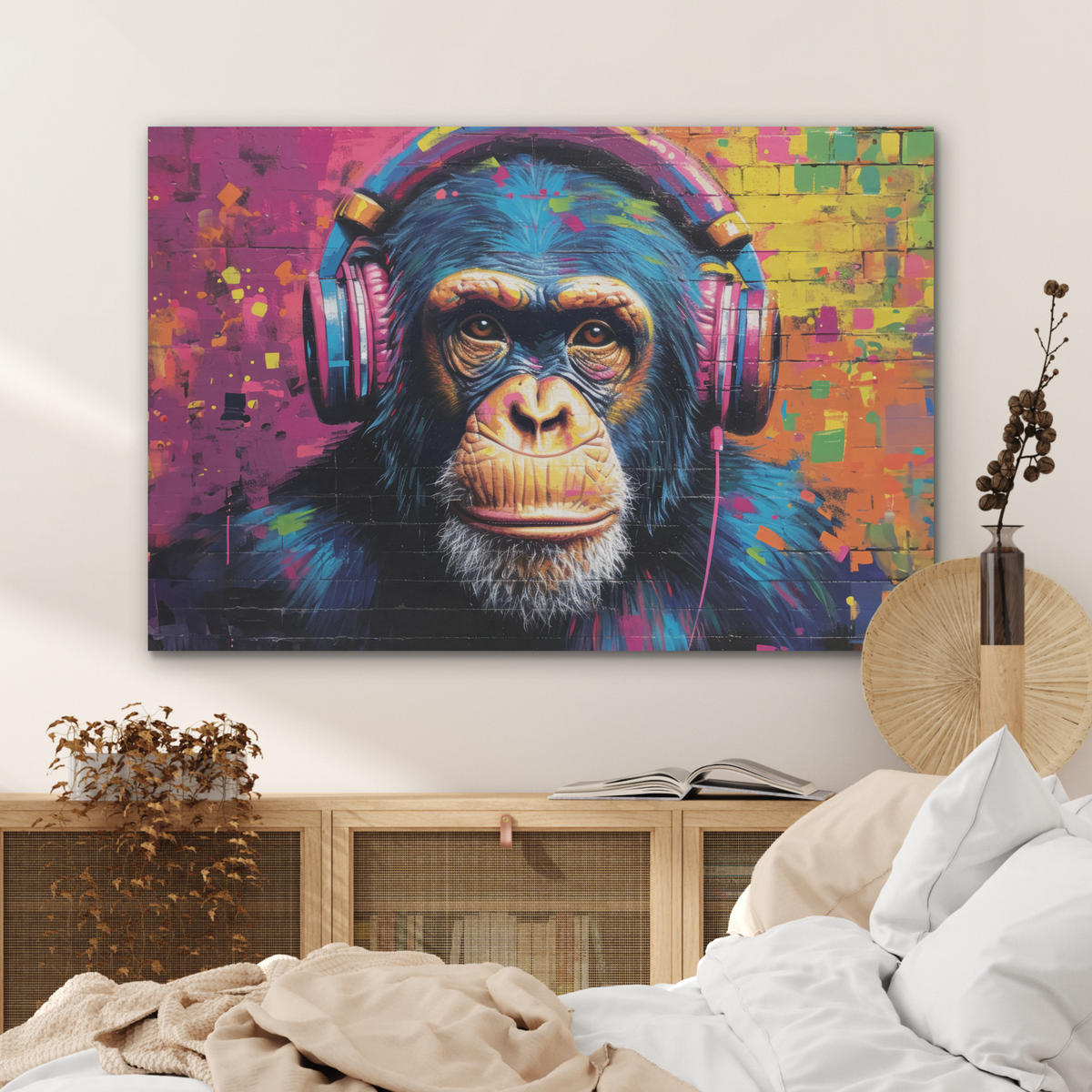 AKUSTIKBILD Graffiti - Schimpanse - Straßenkunst - Kopfhörer - Affe Akustikpaneele 90x60 cm - Blau, Kunststoff (90/60/0.9cm) - MuchoWow