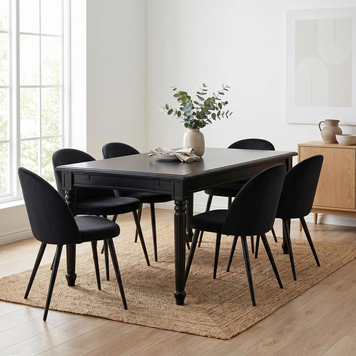 ESSGRUPPE Amaretta mit Esstisch Schwarz und 6 Stühlen Schwarz, 180 x 100 cm - Schwarz, Holz/Textil (180/75/100cm) - ebuy24