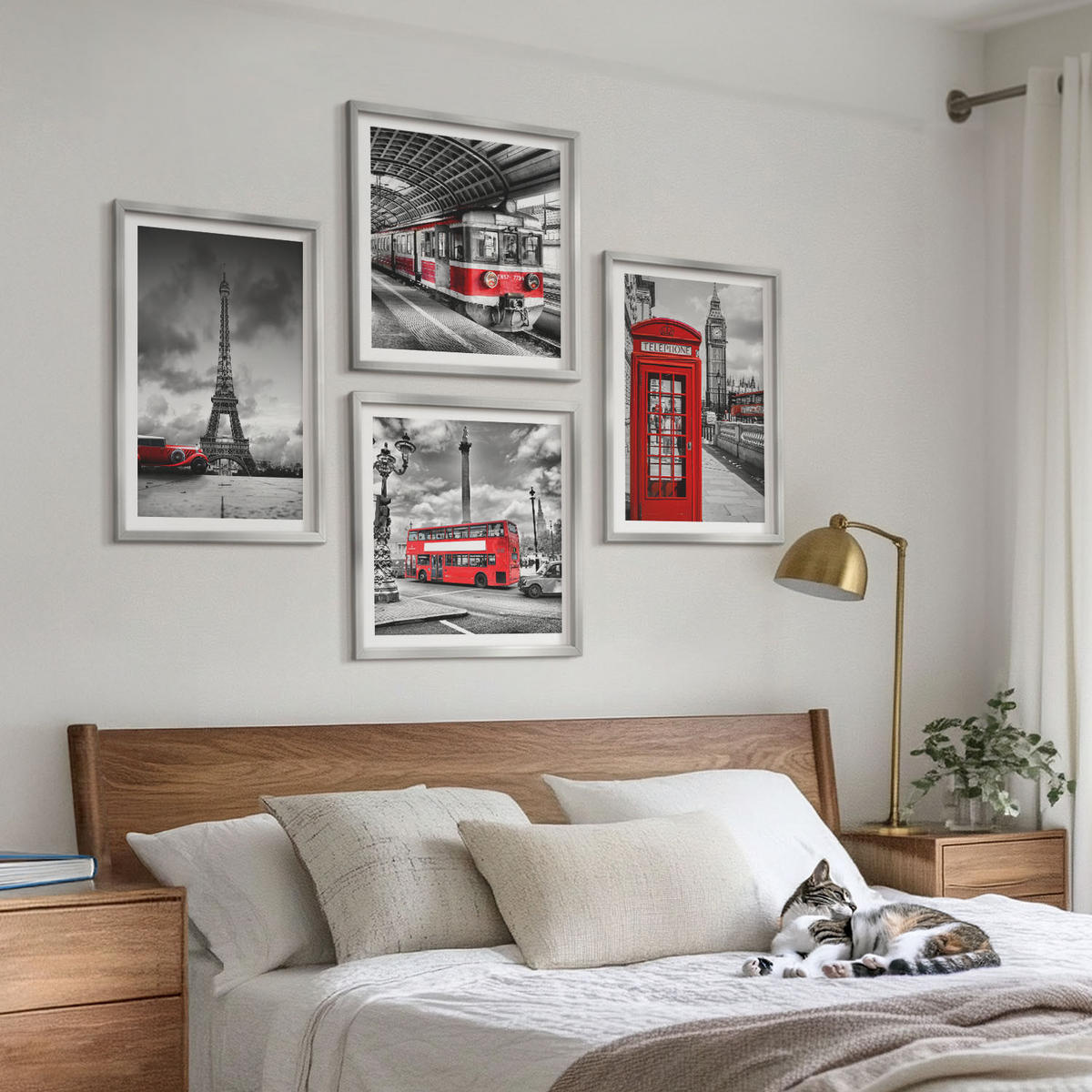 WANDBILDER 4er Set - 50x50 cm & 40x60 cm Silberner Rahmen - Ikonische Städte London Paris Eisenbahn - Silberfarben, Kunststoff (50/50cm) - ArtPrintCave