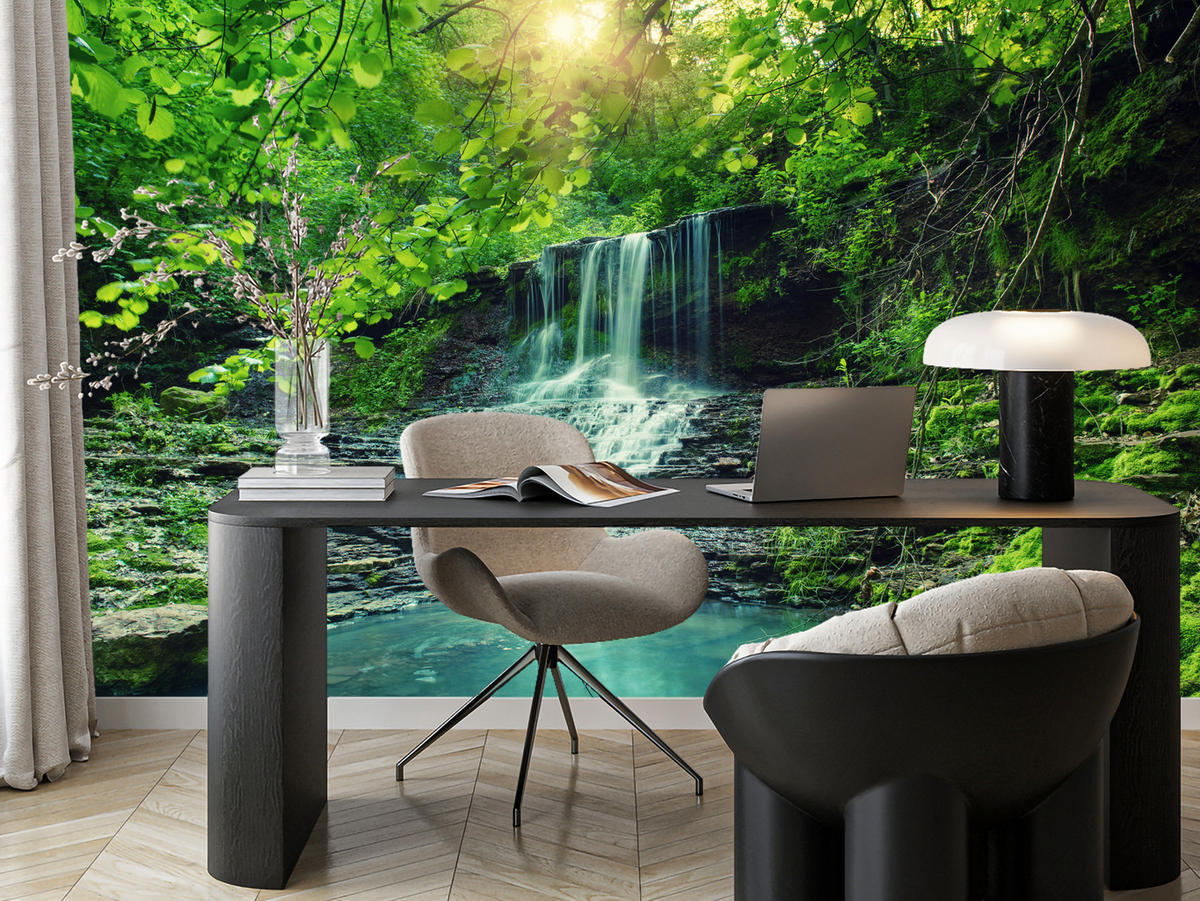 FOTOTAPETE für Schlafzimmer Türkisfarbener Wasserfall Wald Bäume Blätter Felsen 250x175 - Türkis/Blau, Papier (250/175cm) - Muralo