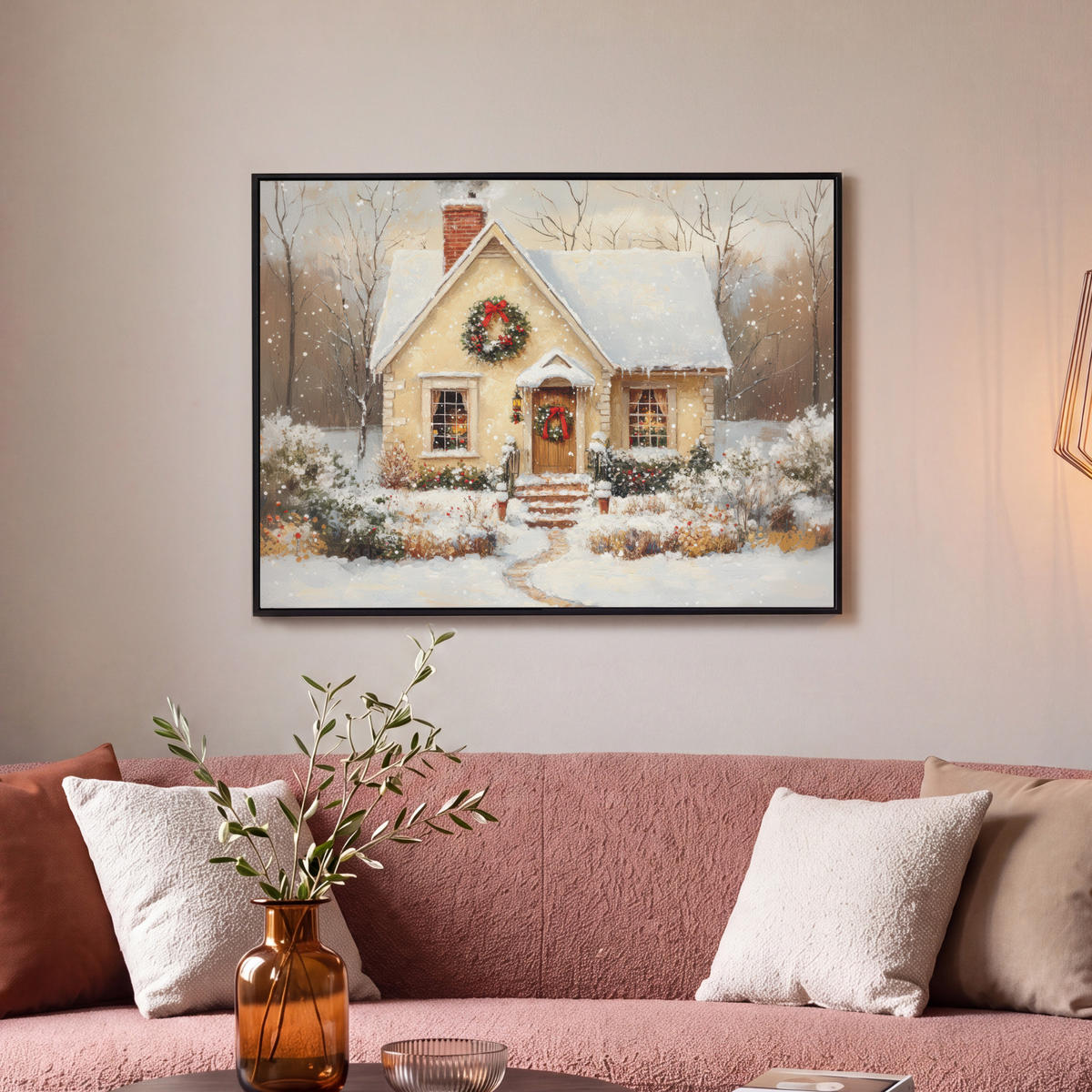 LEINWAND Bilder mit Rahmen - Weihnachten - Zuhause - Winter - Schnee - 70x50 - Creme, Textil (70/50cm) - MuchoWow