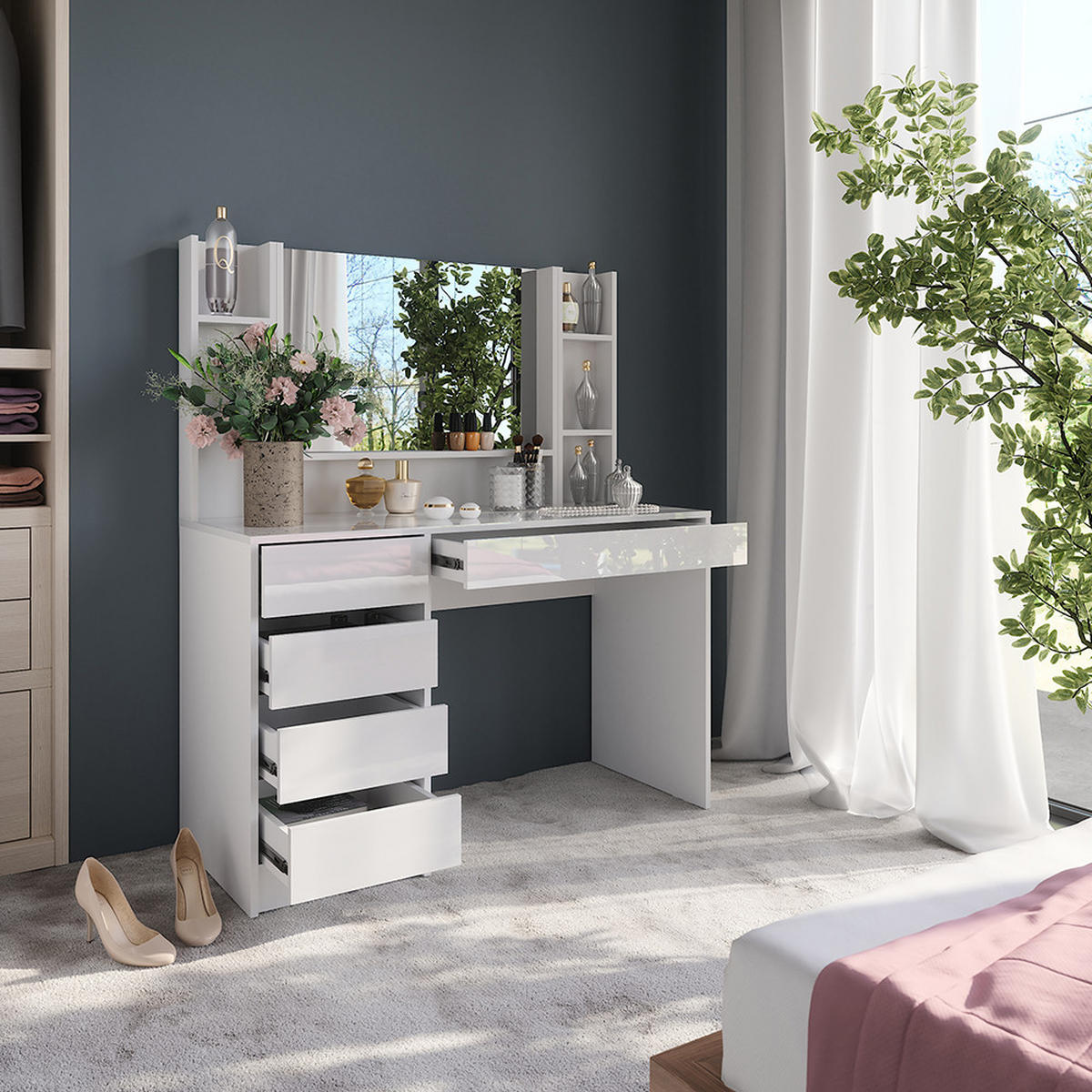 SCHMINKTISCH Sherry Weiß/Weiß Hochglanz 119.8 cm 4 Teile - Weiß Hochglanz, Holzwerkstoff (119.8/76/50.1cm) - Vicco
