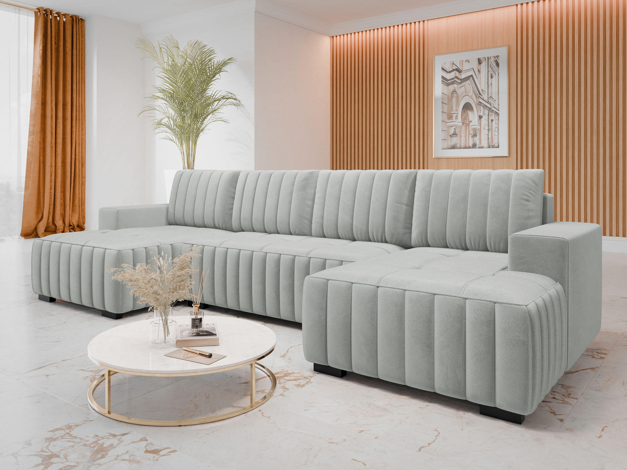 WOHNLANDSCHAFT Hugo U - Hellgrau/Braun, Holz/Textil (310/85/140cm) - MIRJAN24