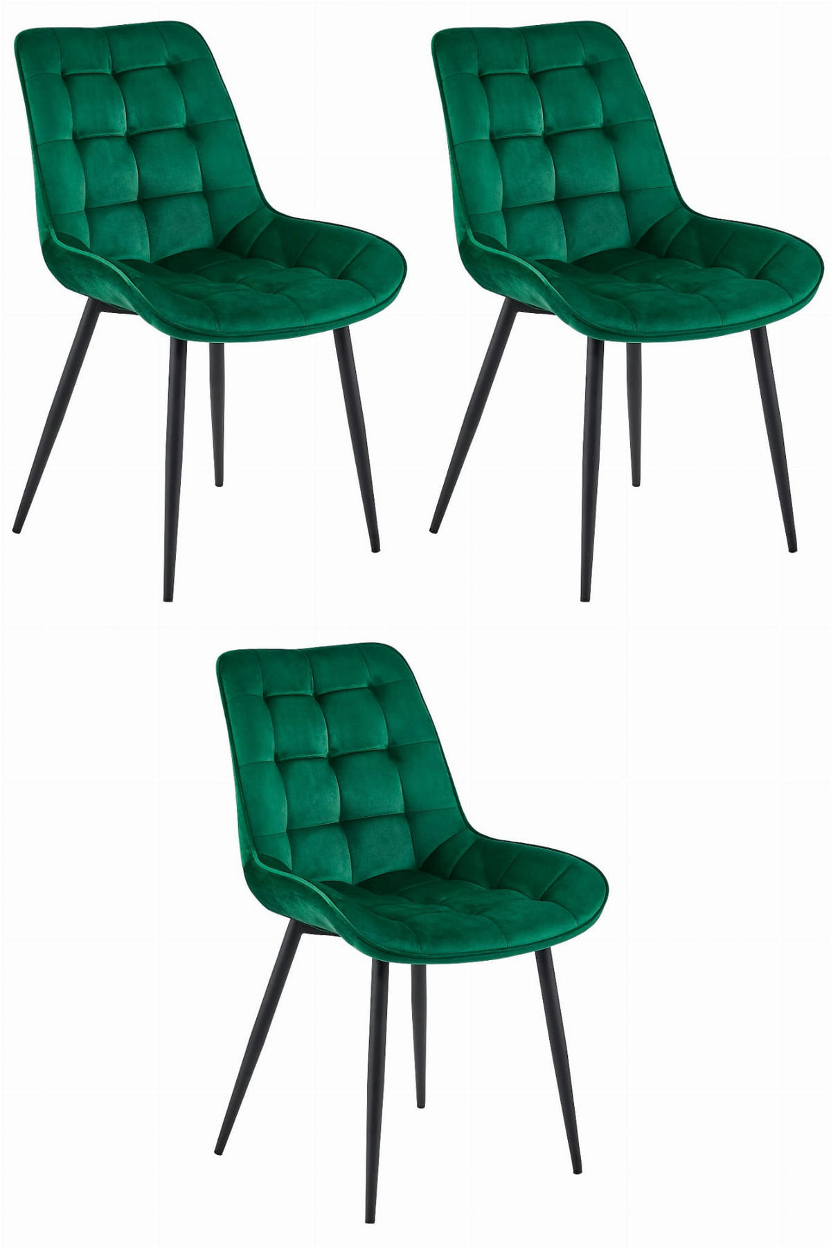 ESSZIMMERSTUHL 3-er Set BERA dunkelgrüner Sitz, schwarze Beine - Dunkelgrün/Schwarz, Textil (54/88/60cm) - Valora