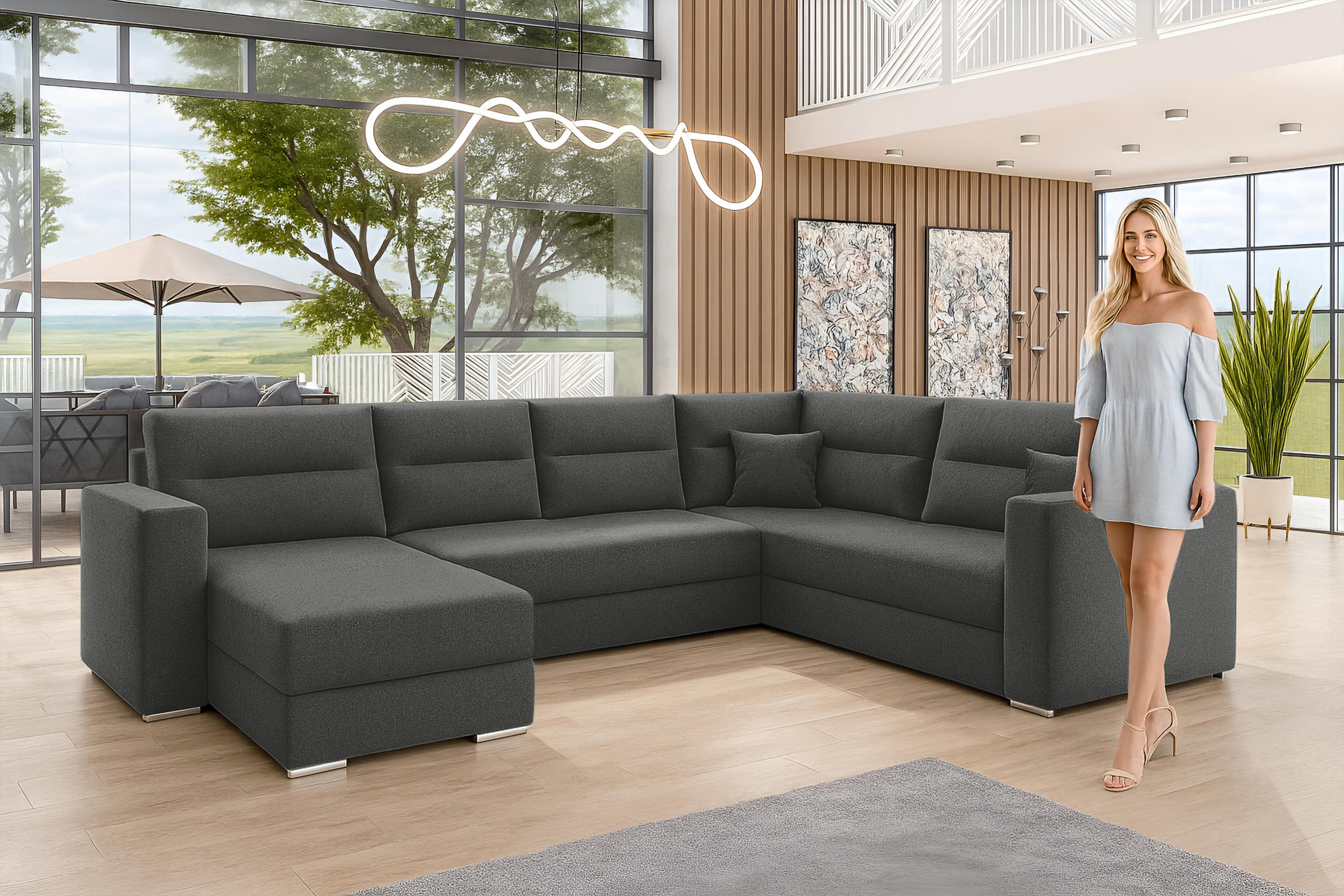WOHNLANDSCHAFT Lovere Dunkelgrau 314/217/90 cm mit Bettkasten Schlaffunktion Relaxfunktion - Dunkelgrau/Schwarz, Kunststoff/Textil (314/90/217cm) - AX Living