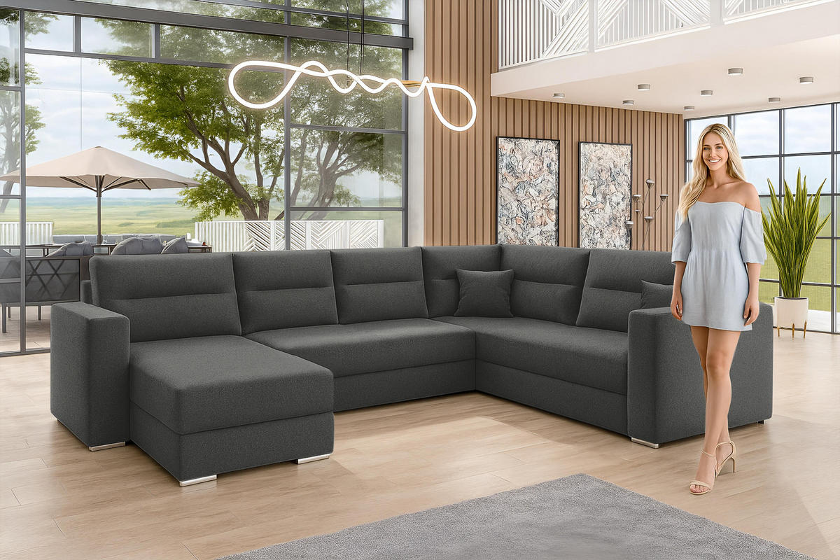 WOHNLANDSCHAFT Lovere Dunkelgrau 314/217/90 cm mit Bettkasten Schlaffunktion Relaxfunktion - Dunkelgrau/Schwarz, Kunststoff/Textil (314/90/217cm) - AX Living