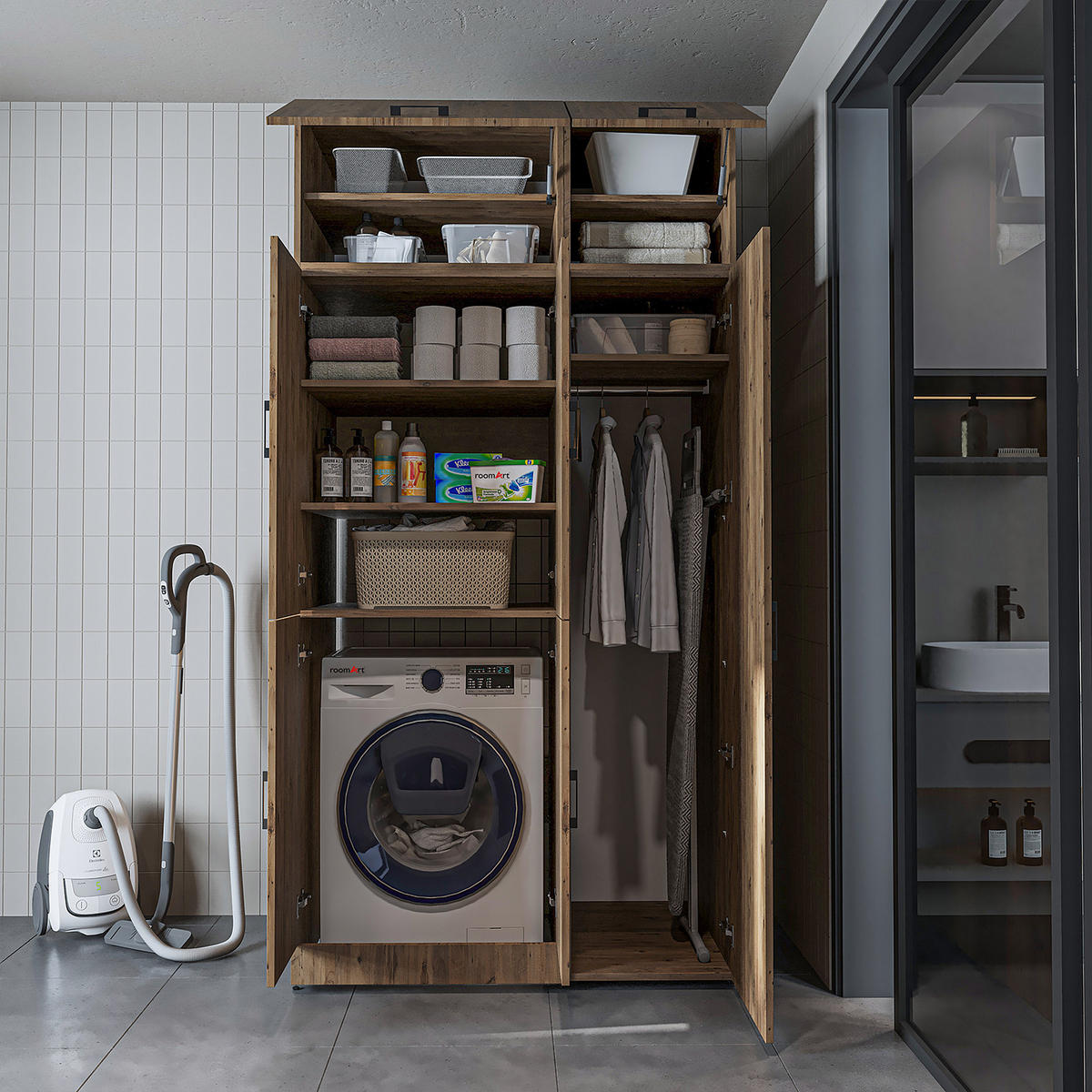 WASCHMASCHINENSCHRANK DORA-II 115cm Breit, 230cm Hoch - Eichefarben, Holzwerkstoff (115/230/73.8cm)