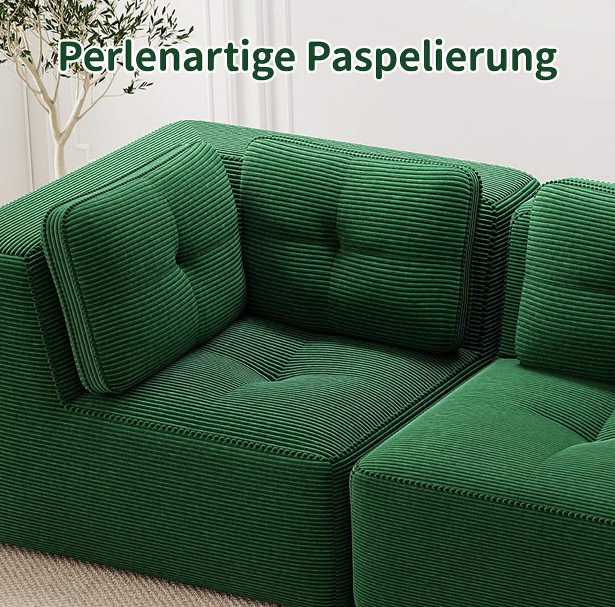 SOFA 297/104/69 cm in Grün aus Cord mit tiefem Sitzkomfort - Grün, Textil (104/69/297cm) - Flora Grace
