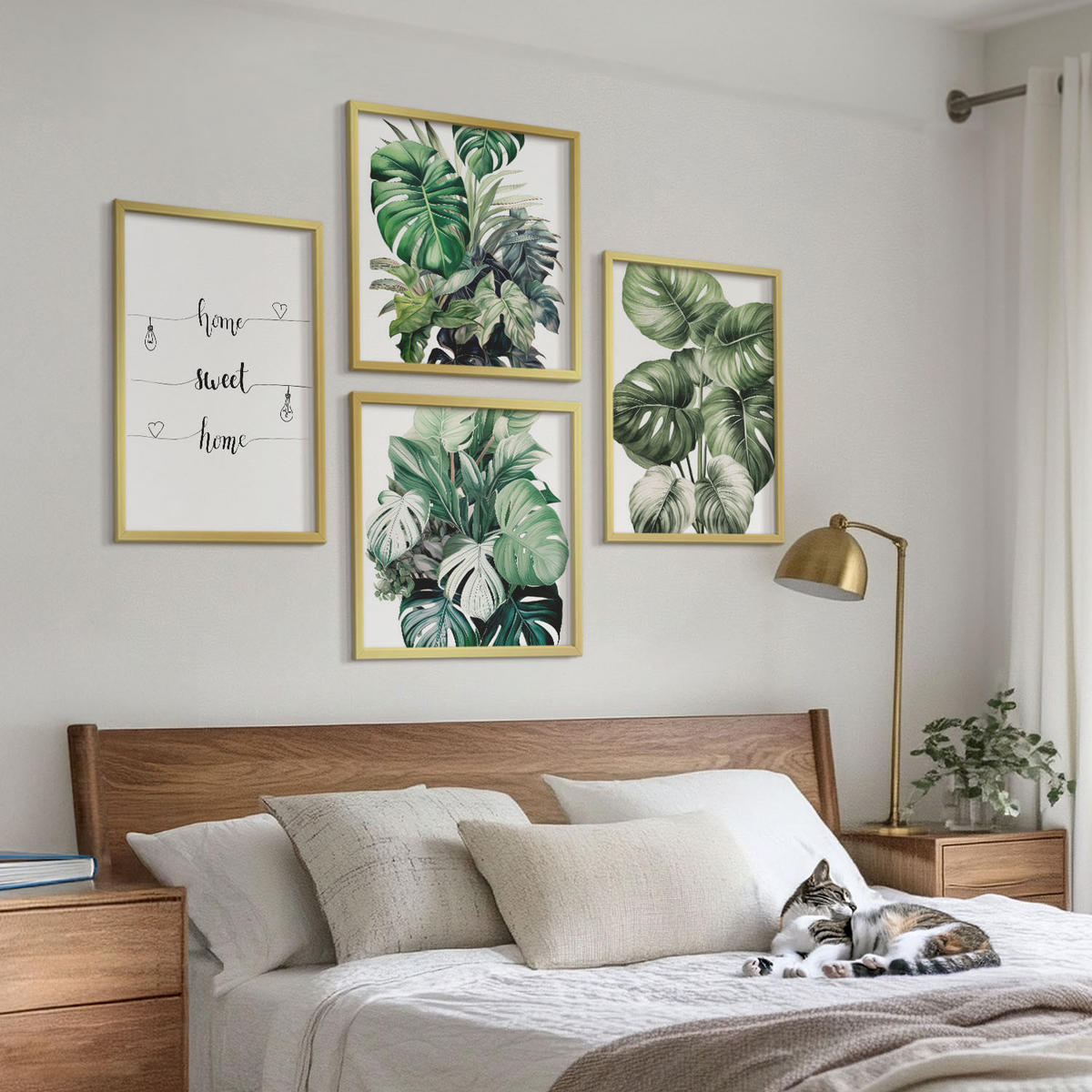 WANDBILDER 4er Set - 50x50 cm & 40x60 cm Goldrahmen - Aquarell-Monstera-Blätter - Goldfarben, Kunststoff (50/50cm) - ArtPrintCave