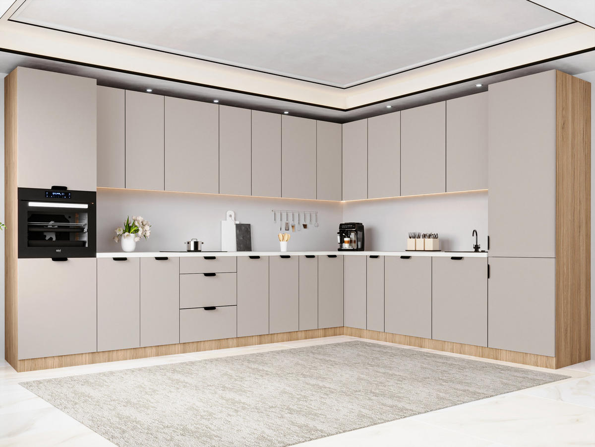 WINKELKÜCHE 385 x 285 cm - Sorento KS11-M385 - in Beige / Sonoma Eiche - Beige/Schwarz, Holz/Metall (670/247/58cm)
