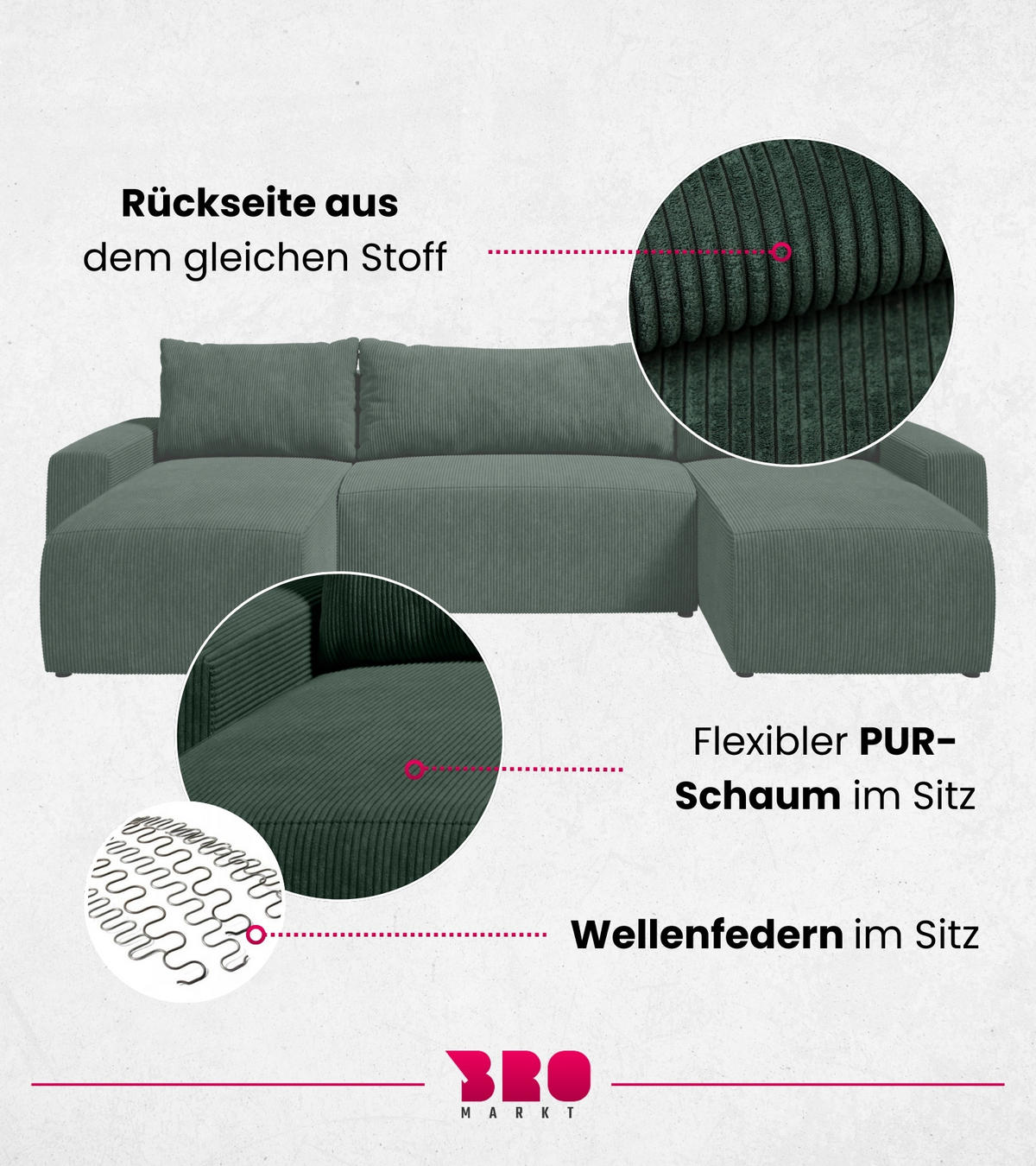 WOHNLANDSCHAFT Plush mit Schlaffunktion Grün Cord - Dunkelgrün, Kunststoff/Textil (315/72/145cm) - Bromarkt