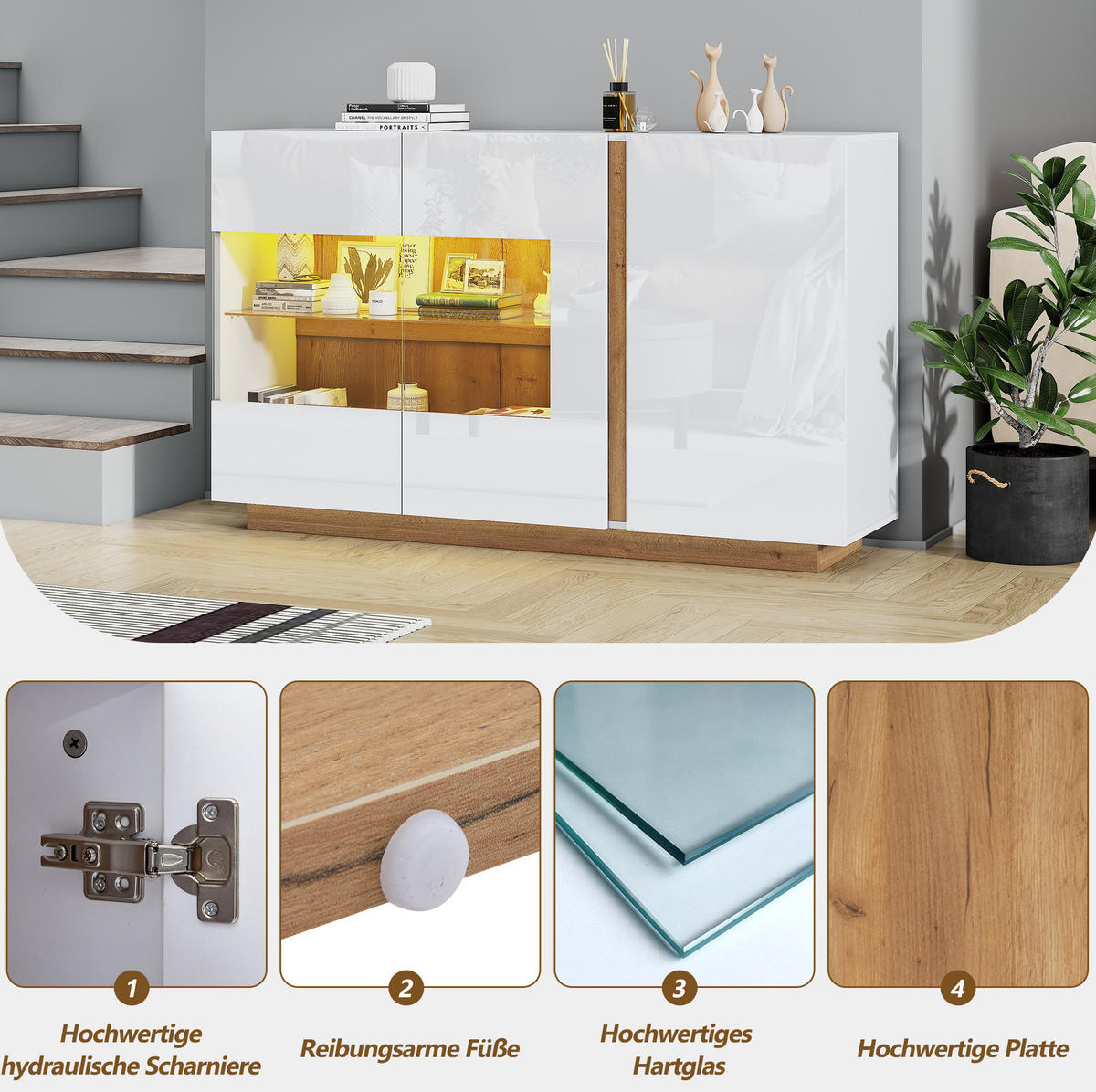 SIDEBOARD 138/38,5/90,5 cm weiß aus Spanplatte mit Glas und LED - Weiß, Holzwerkstoff (138/90.5/38cm) - OKWISH