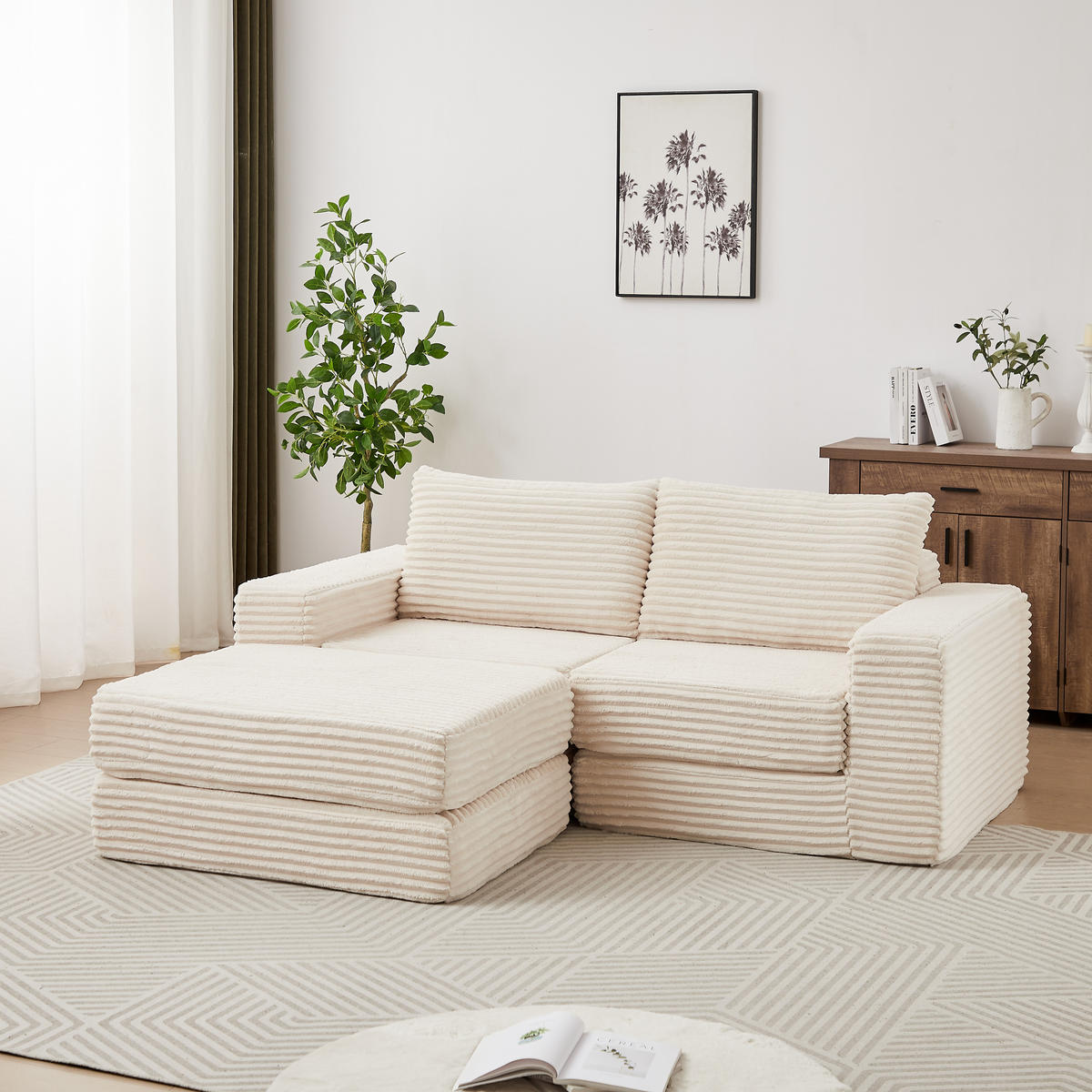 ECKSOFA DE-34544 2-in-1 mit Fußstütze und Kissen Beige - Beige, Textil (169.5/194cm) - ComfortXL