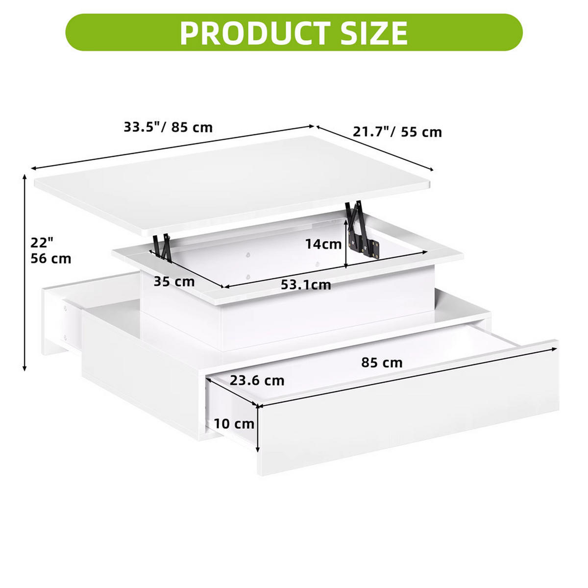 COUCHTISCH Lift-Top LED 16 Farben 2 Schubladen Weiß modern - Weiß, Holz (55/85/56cm) - Kaket