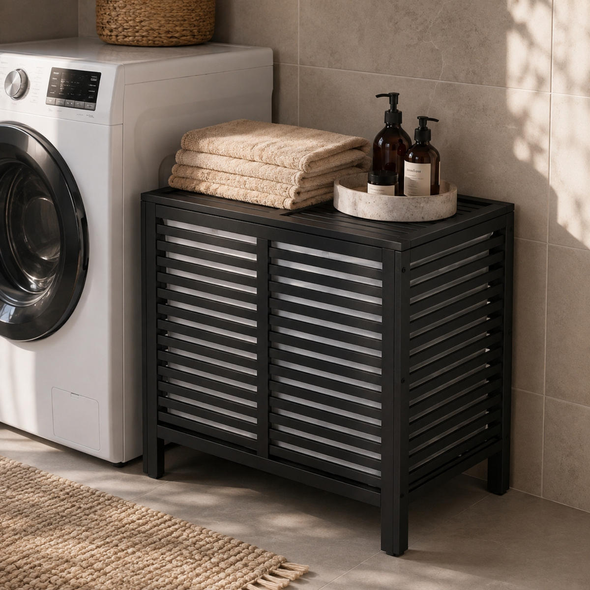 WÄSCHEKORB Bambus Moa 90 l 40/60/58,5 cm - Schwarz, Naturmaterialien (60/58.5/40cm) - NUXIO