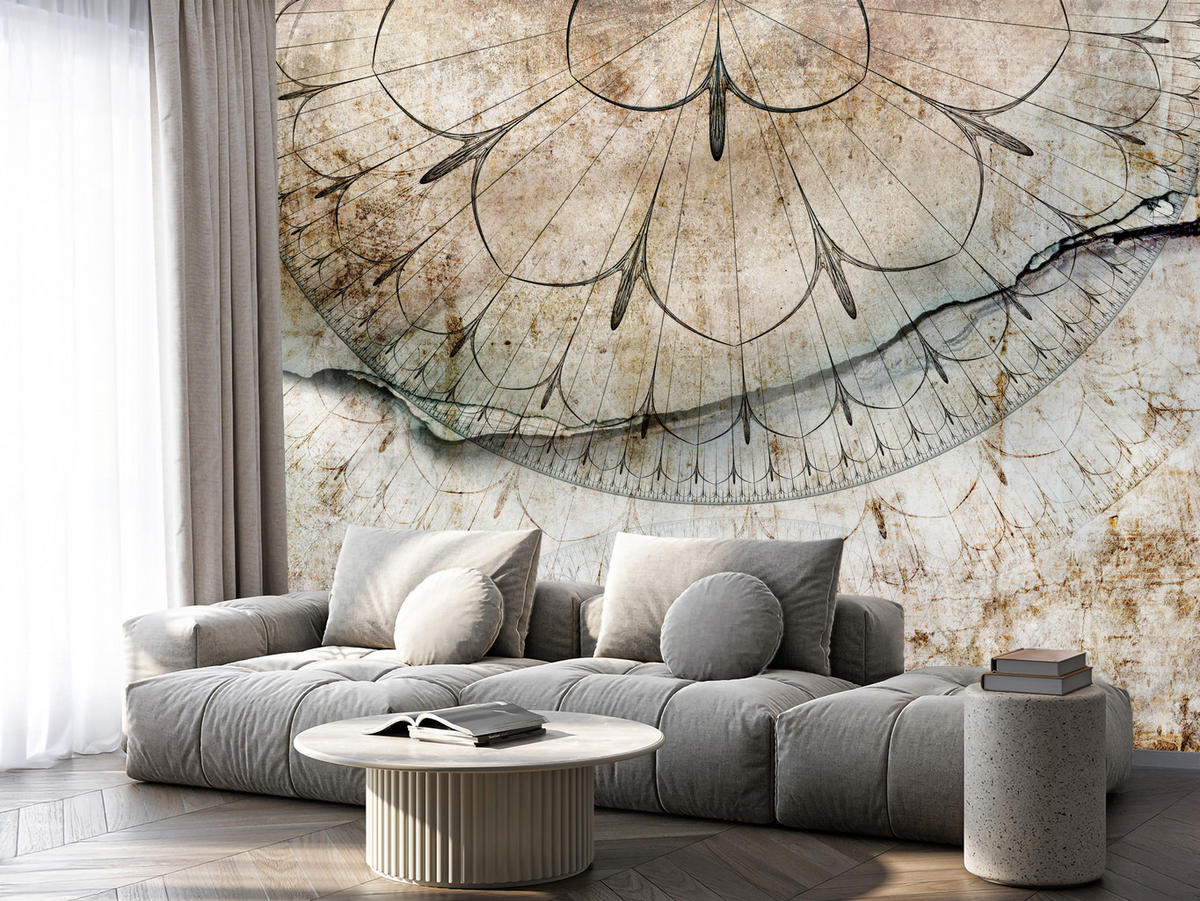 FOTOTAPETE für Büro Industrial Rad Mandala Beton Abstrakte Komposition 400x280 - Beige/Schwarz, Papier (400/280cm) - Muralo