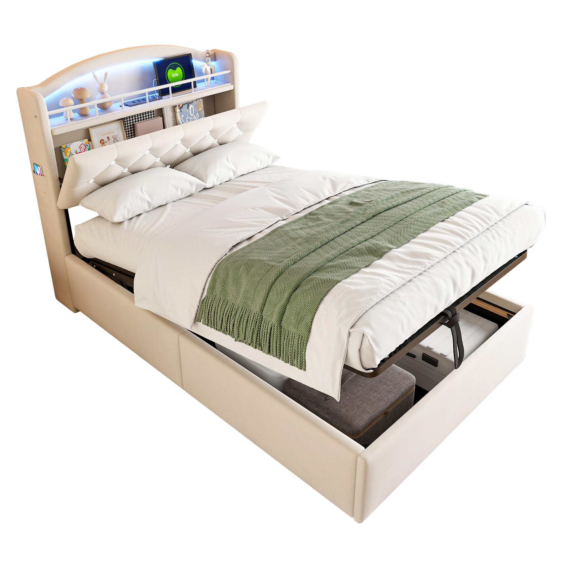 OKWISH DĚTSKÁ čalouněná postel 90/200 cm béžová z flanelu s úložným prostorem LED a USB