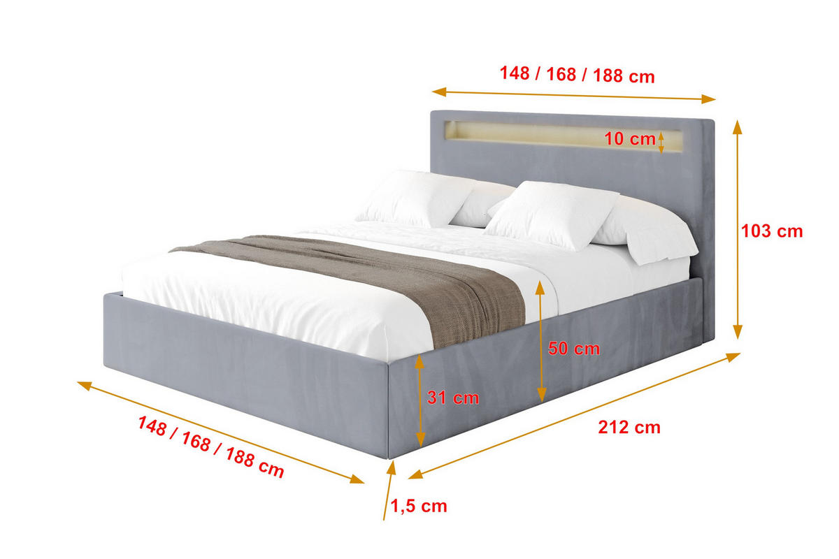 POLSTERBETT mit Bettkasten und Lattenrost, Boxbett ohne Matratze - GOLA 180x200 Grau - Grau, Holzwerkstoff/Textil (180/200cm) - ALTDECOR