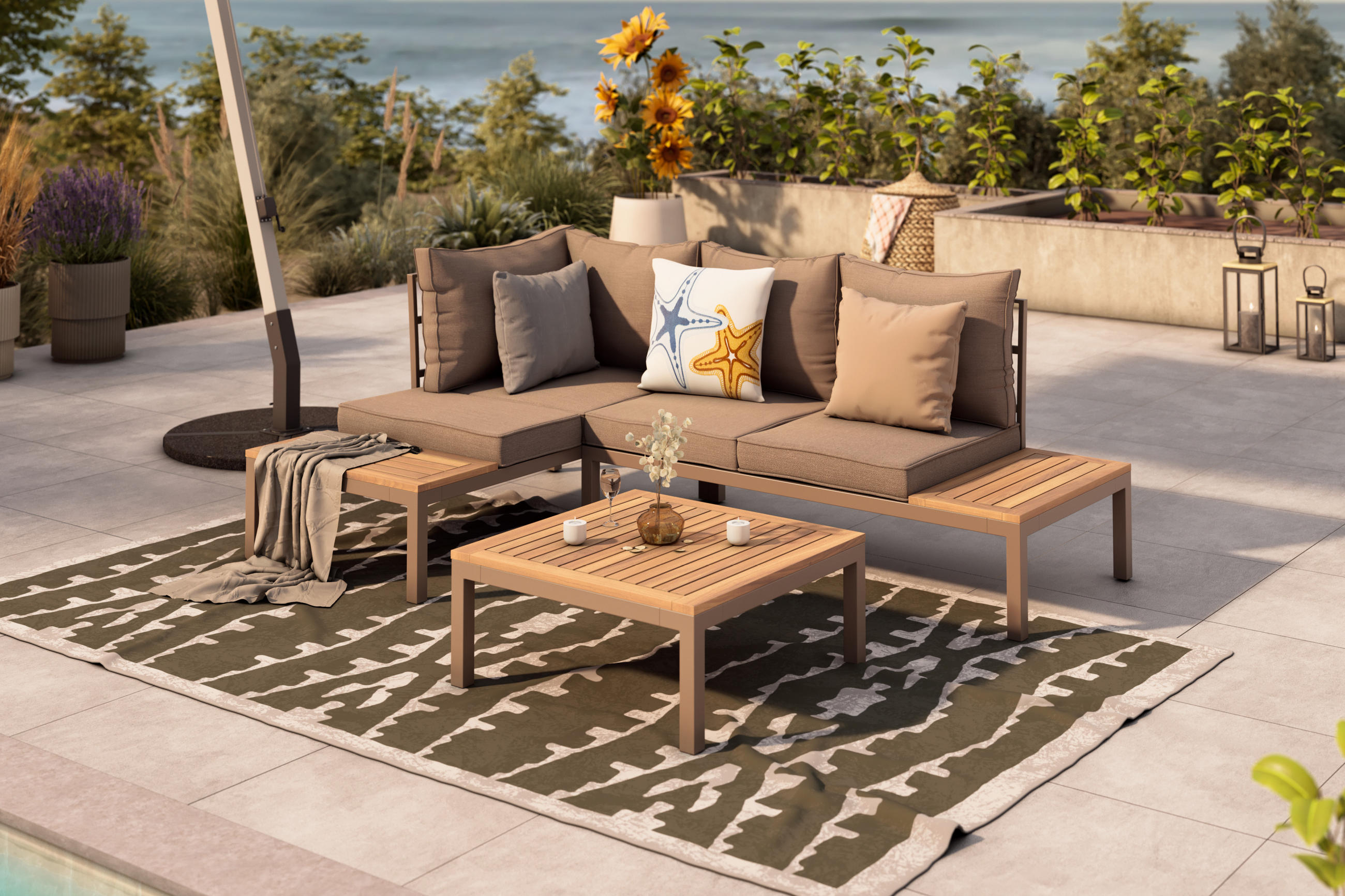 Gartenlounge mit einem Tisch, Stühlen und Teppich 