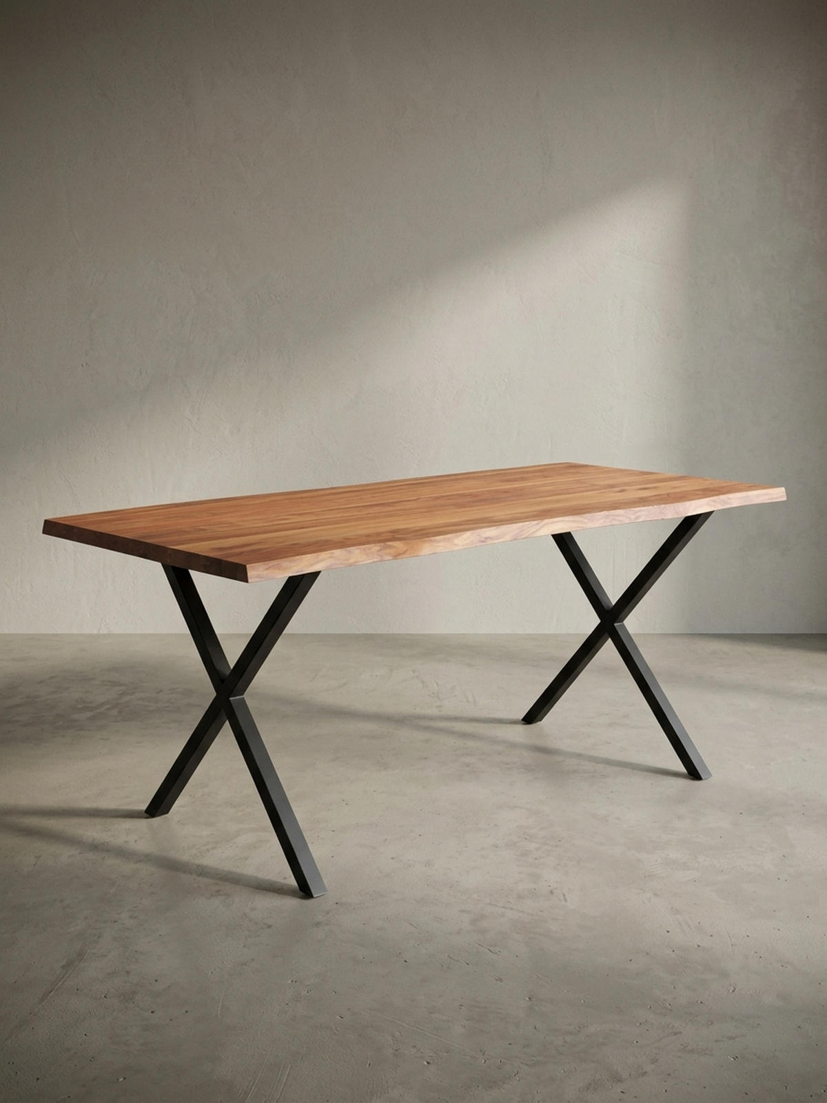 SCHREIBTISCH Massivholz X-Gestell Baumkante Handgefertigt KRETA, Goldbraun-Schwarz 180x90x76 cm - Schwarz/Braun, Holz/Metall (90/180/76cm) - KADIMA DESIGN