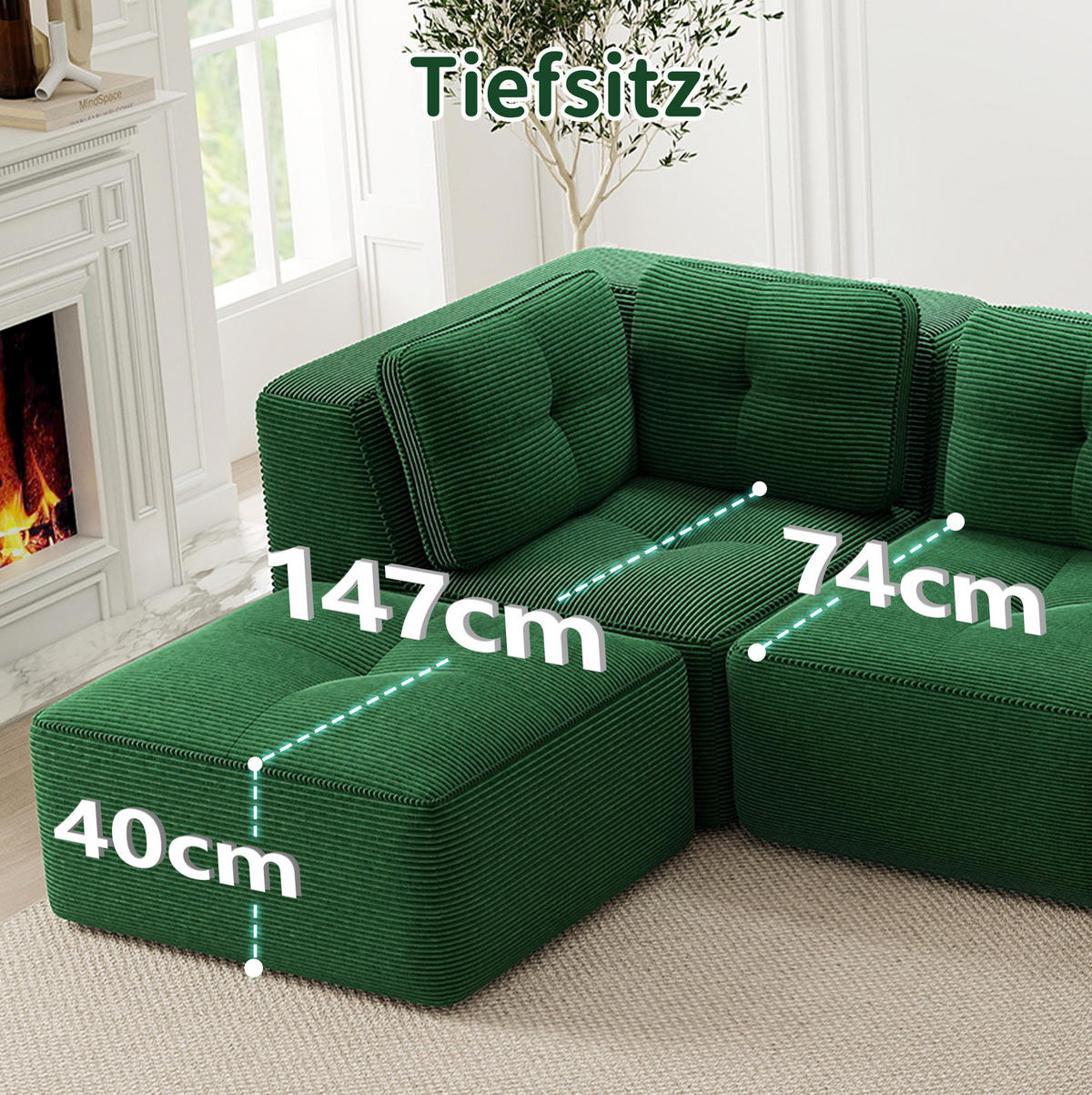 ECKSOFA 386/177/69 cm grün aus Cord mit modularem Design und tiefer Sitzfläche - Grün, Textil (177/386cm) - OKWISH