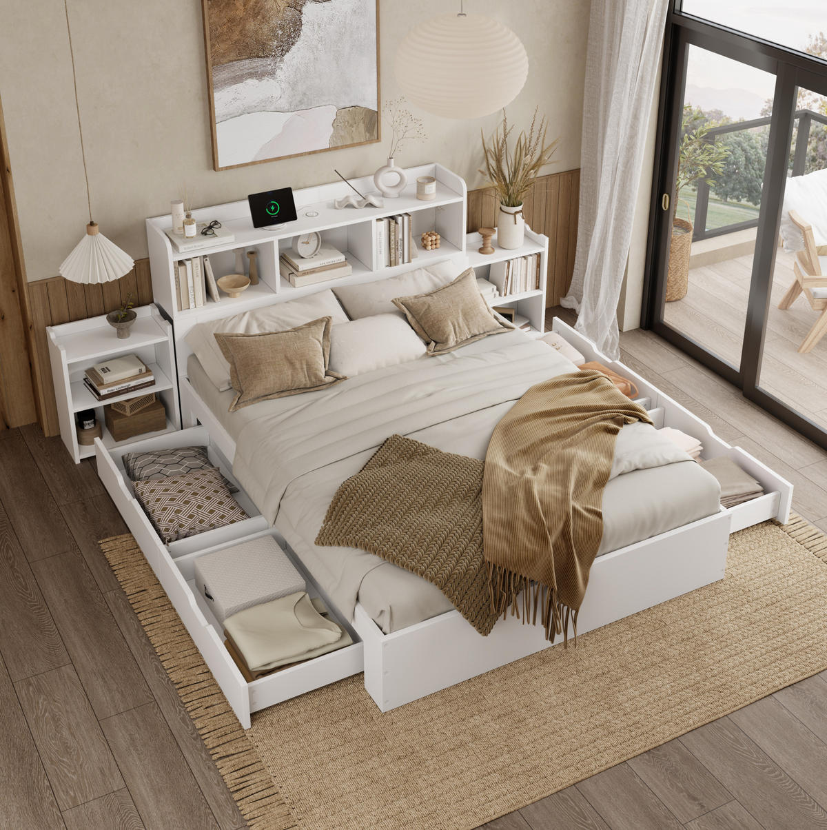 HOLZBETT 140/200 cm mit 4 Schubladen, ausziehbarem Nachttisch und Ladefunktion aus MDF, Weiß - Weiß, Holzwerkstoff (140/200cm) - Redom