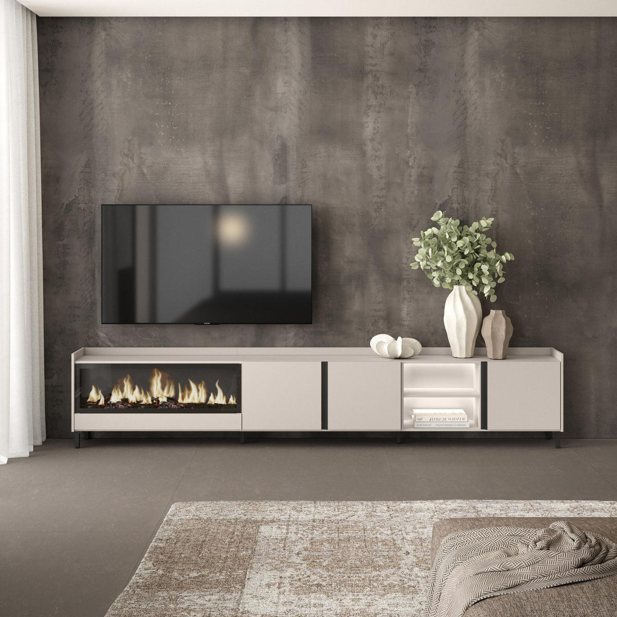 LOWBOARD, Beige, 315/35/61cm, Kamin mit Feuereffekt XXL - Beige, Holzwerkstoff (315/61/35cm) - Skraut Home