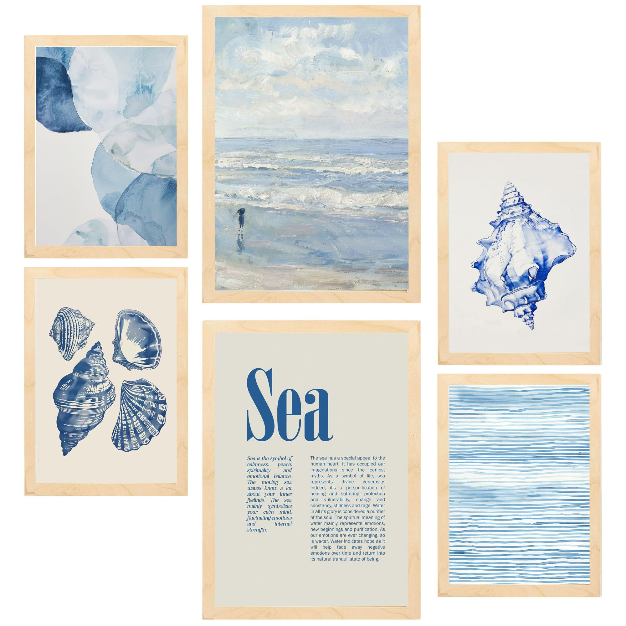 POSTER Set Mit 6 Marine Blau Meer & Sommer A3 & A4 Rahmen Aus Hellem Holz - Beige, Papier (29/3cm) - Nacnic