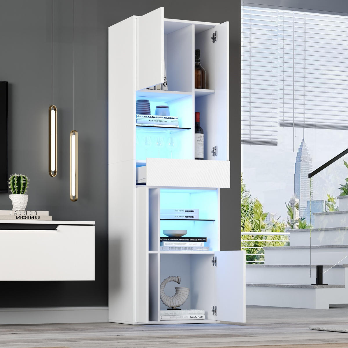 VITRINE LED Hochglanz Glasvitrine 1 Schublade 4 Türen Weiß 170cm - Weiß, Holzwerkstoff (55/170/38cm) - FLIEKS