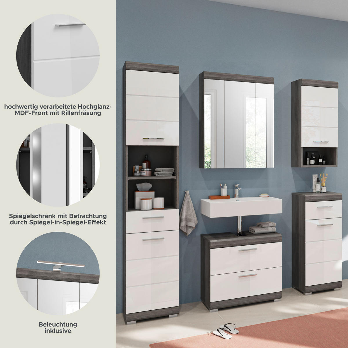 BADKOMBINATION 5tlg. Scout Bad in Rauchsilber Nachbildung und weiß hochglanz B/H/T: 164x191x34 cm - Anthrazit, Holz (164/191/37cm)