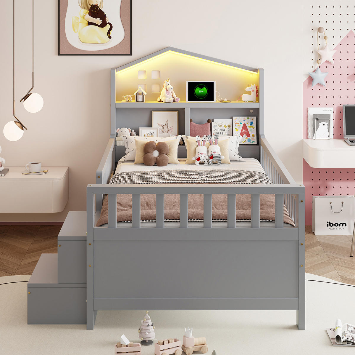 KINDERBETT 90/200 cm mit LED, USB- und USB-C-Anschluss, 4 Schubladen, Treppe und Lattenrost, Grau - Grau, Holzwerkstoff (90/200cm) - Redom