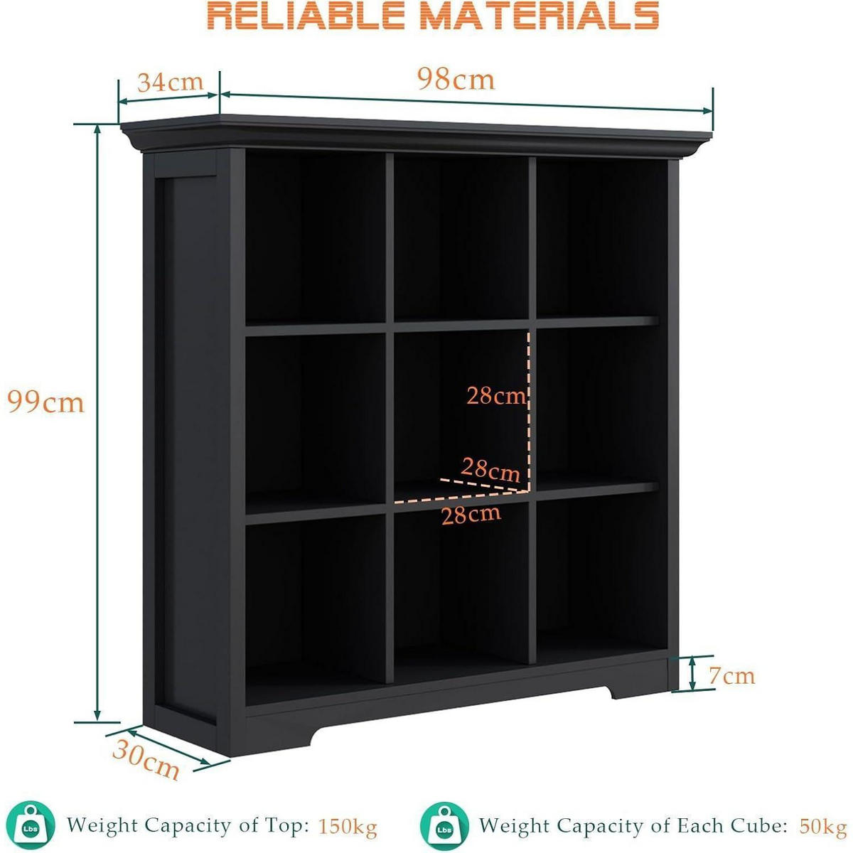 BÜCHERREGAL mit Sockel 9 Fächer Schwarz 99 x 98 cm - Schwarz, Holzwerkstoff (98/99/34cm)