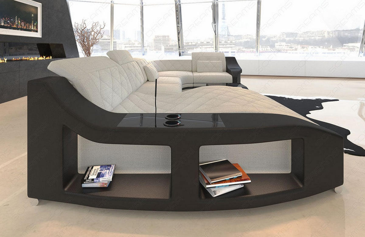 WOHNLANDSCHAFT Stoff Sofa Swing U Form Elfenbein Schwarz Strukturstoff - Creme, Kunststoff (404/90/220cm)