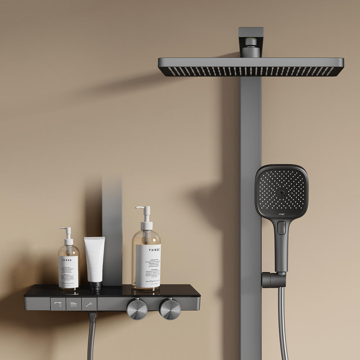 ÜBERKOPFBRAUSESET mit Thermostat Einstellbarer Durchfluss 4-Strahl Anthrazit Matt - Anthrazit, Metall (40.2/105/57.3cm) - EMKE