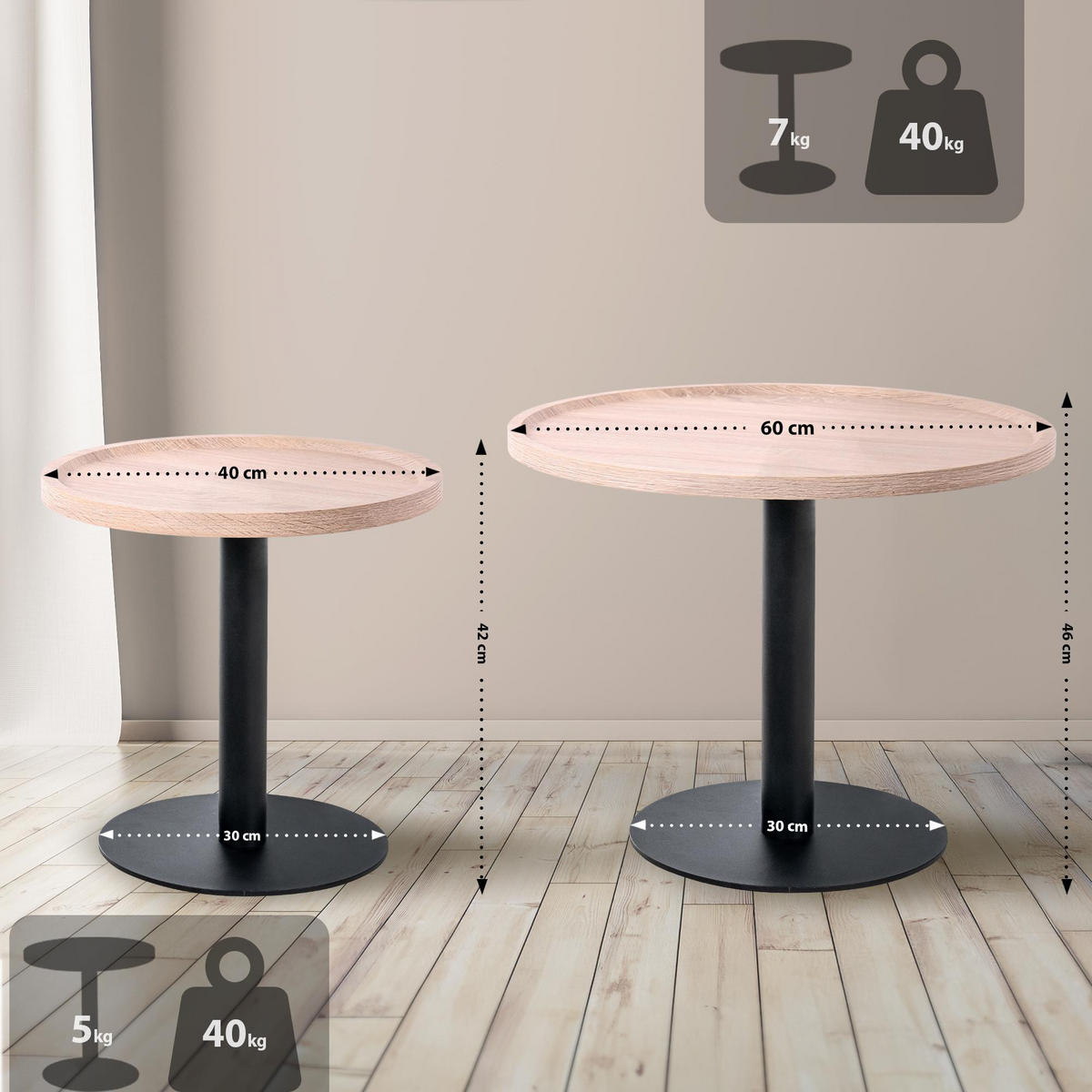 BEISTELLTISCH Kombi Set Holz Eiche - Eichefarben/Schwarz, Holz/Metall (40/40/42cm) - CLP