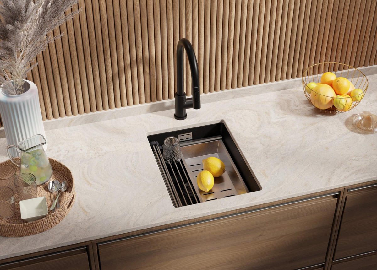 UNTERBAUSPÜLE GRANIT Praga, 2-er set Schwarz Metallic 36/47 cm 1 Becken + Ablauf-Set + Aufrollbare Abtropffläche ab 40er Unterschrank - Chromfarben/Schwarz Hochglanz, Kunststoff (36/20/47cm) - Primagran
