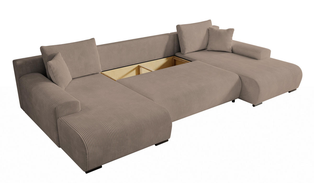 WOHNLANDSCHAFT Nelly U mit Bettkasten und Schlaffunktion, Cordstoff in U-Form - Beige, Textil (349/80/185cm)