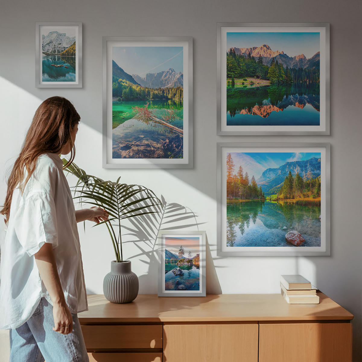 BILDER SET 5er Set - 50x50 cm & 20x30 cm & 40x60 cm Silberner Rahmen - Spiegelung des Waldes in Bergseen - Silberfarben, Kunststoff (40/60cm) - TULUP