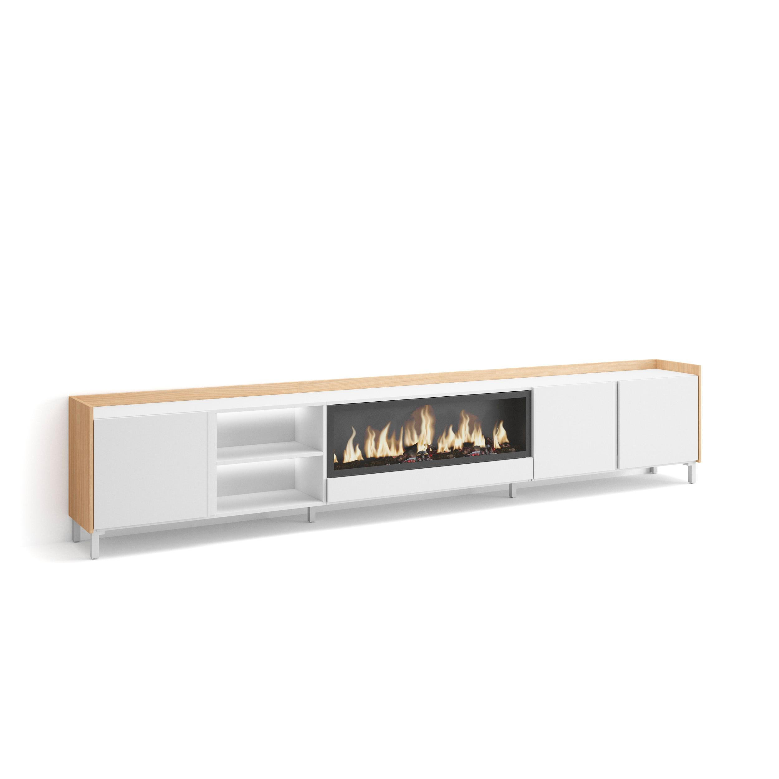 LOWBOARD, Weiß und Eiche, 315/35/61cm, Kamin mit Feuereffekt XXL - Weiß, Holzwerkstoff (315/61/35cm) - Skraut Home