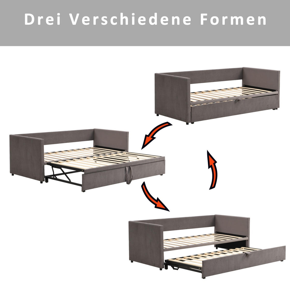 POLSTERBETT Velvet Lounge Polster-Tages 90-180x200 cm ausziehbar mit Gästebett-Funktion, Samt, Grau - Grau, Textil (90/200cm) - DELFA