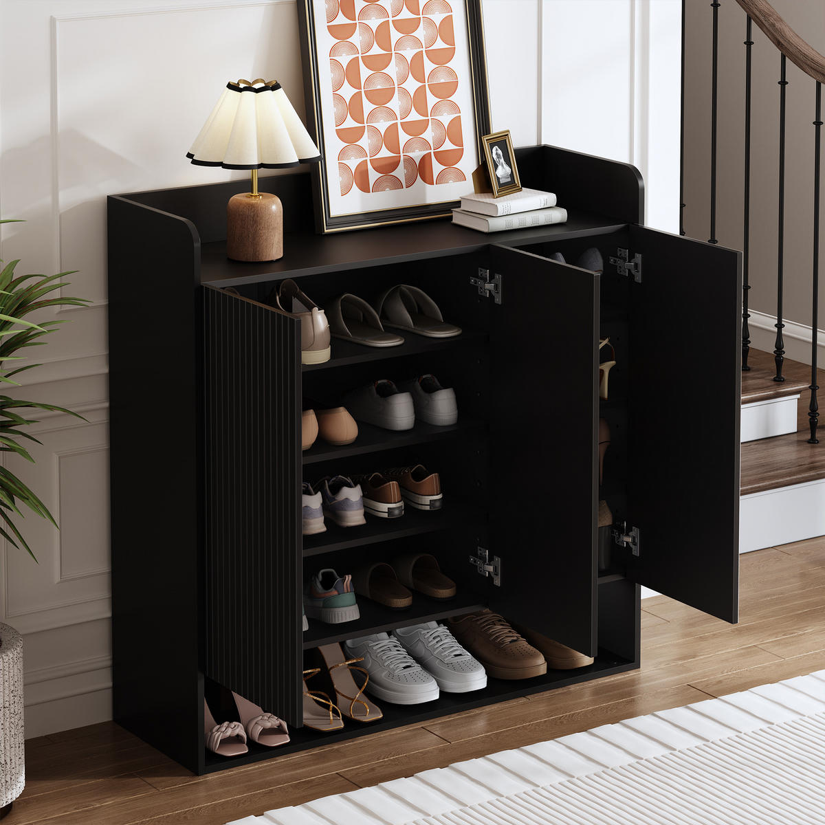 SCHUHSCHRANK Spiegel Streifen Struktur Stauraum - Schwarz, Holz (110/110/35.5cm) - LEBENLANG