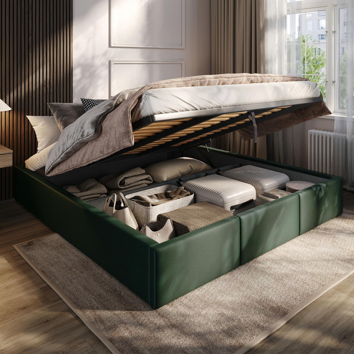 POLSTERBETT für Schlafzimmer Bett mit Stauraum Flaschengrün 180x200cm - Dunkelgrün, Holzwerkstoff/Textil (180/200cm) - Muralo
