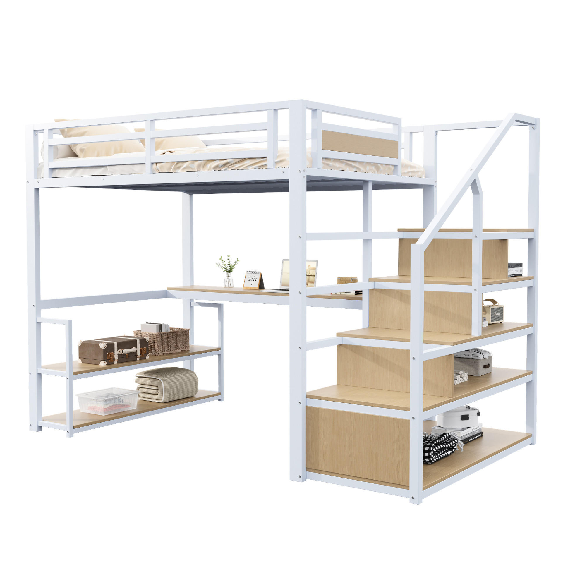 HOCHBETT 140/200 cm Weiß aus Metall mit Regalen und Tisch - Weiß, Metall (140/200cm) - OKMYHOME
