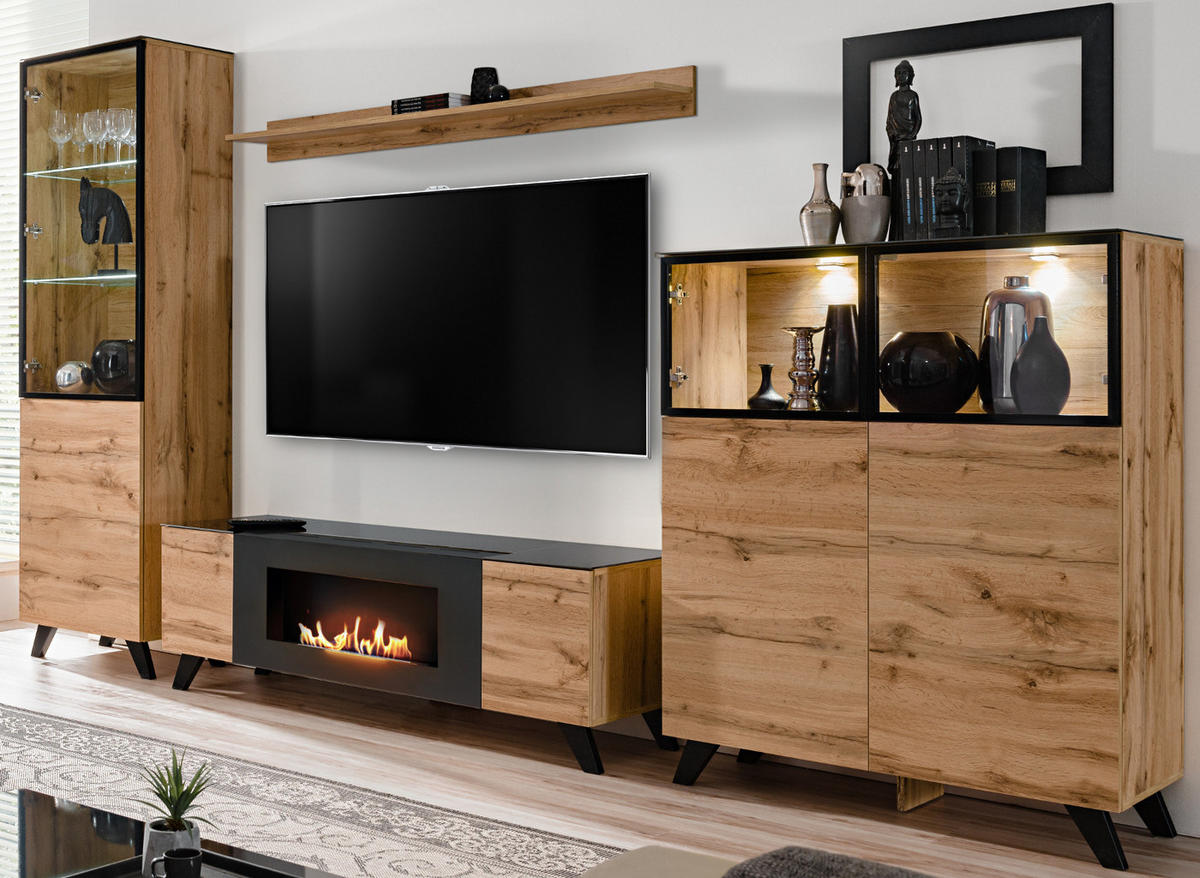 WOHNWAND Wotan Eiche, schwarz 330 cm, Schrankwand mit Kamin, inklusive LED - Eichefarben/Schwarz, Glas/Holz (330/197/45cm) - Inn.Furn
