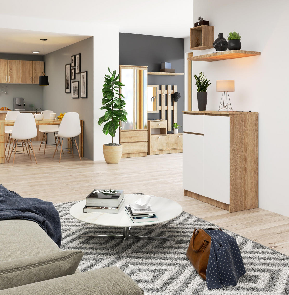 KOMMODE Jerry 2D, Sonoma-Weiß, 40x99x80 cm - Weiß/Sonoma Eiche, Holz (40/99/80cm) - Milordbikes