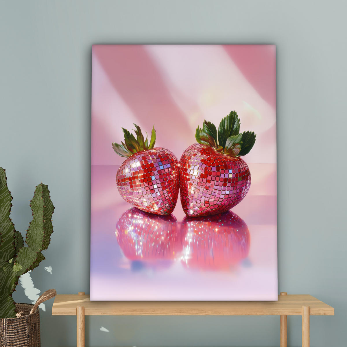 LEINWANDBILD Disco - Obst - Glitzer - Erdbeere 60x80 cm - Pink, Textil (60/80cm) - MuchoWow