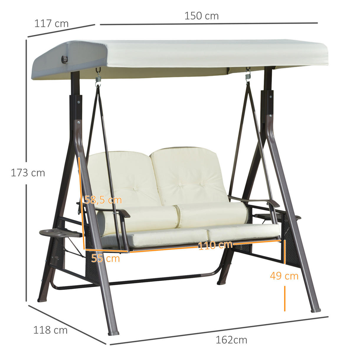 HOLLYWOODSCHAUKEL 162/118/173 cm mit verstellbarem Sonnendach, Seitenablagen und Metallgestell, Beige - Beige, Metall (118/173/162cm) - Redom