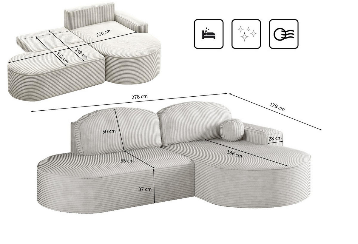 ECKSOFA mit Schlaffunktion und Bettkasten Modena Runden stoff Poso Beige Rechts - Beige, Holz/Textil (278/179cm) - Kaiser Möbel