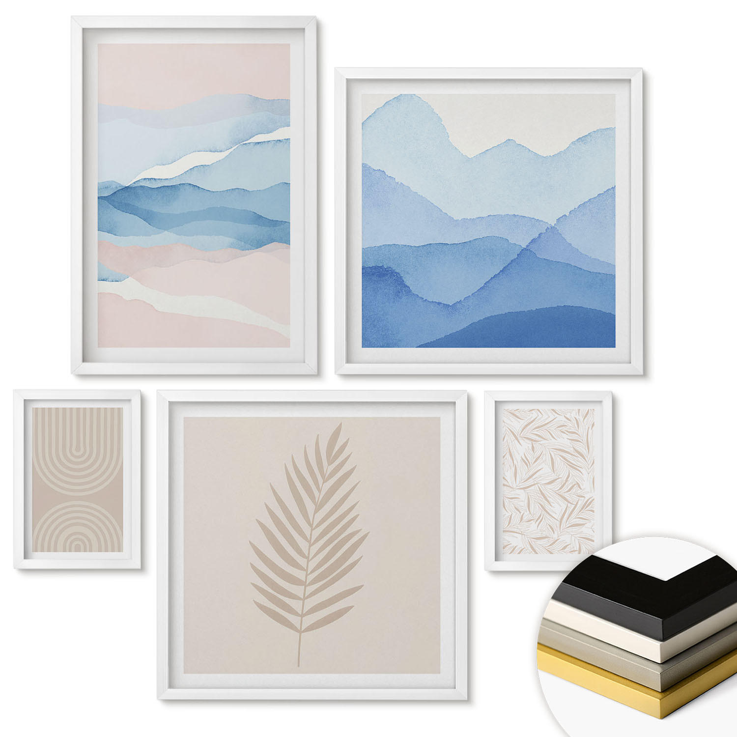 WANDBILDER 5er-Set - 50x50 cm & 20x30 cm & 40x60 cm Weißer Rahmen - Blätterwellen beige blau - Weiß, Kunststoff (40/60cm) - ArtPrintCave